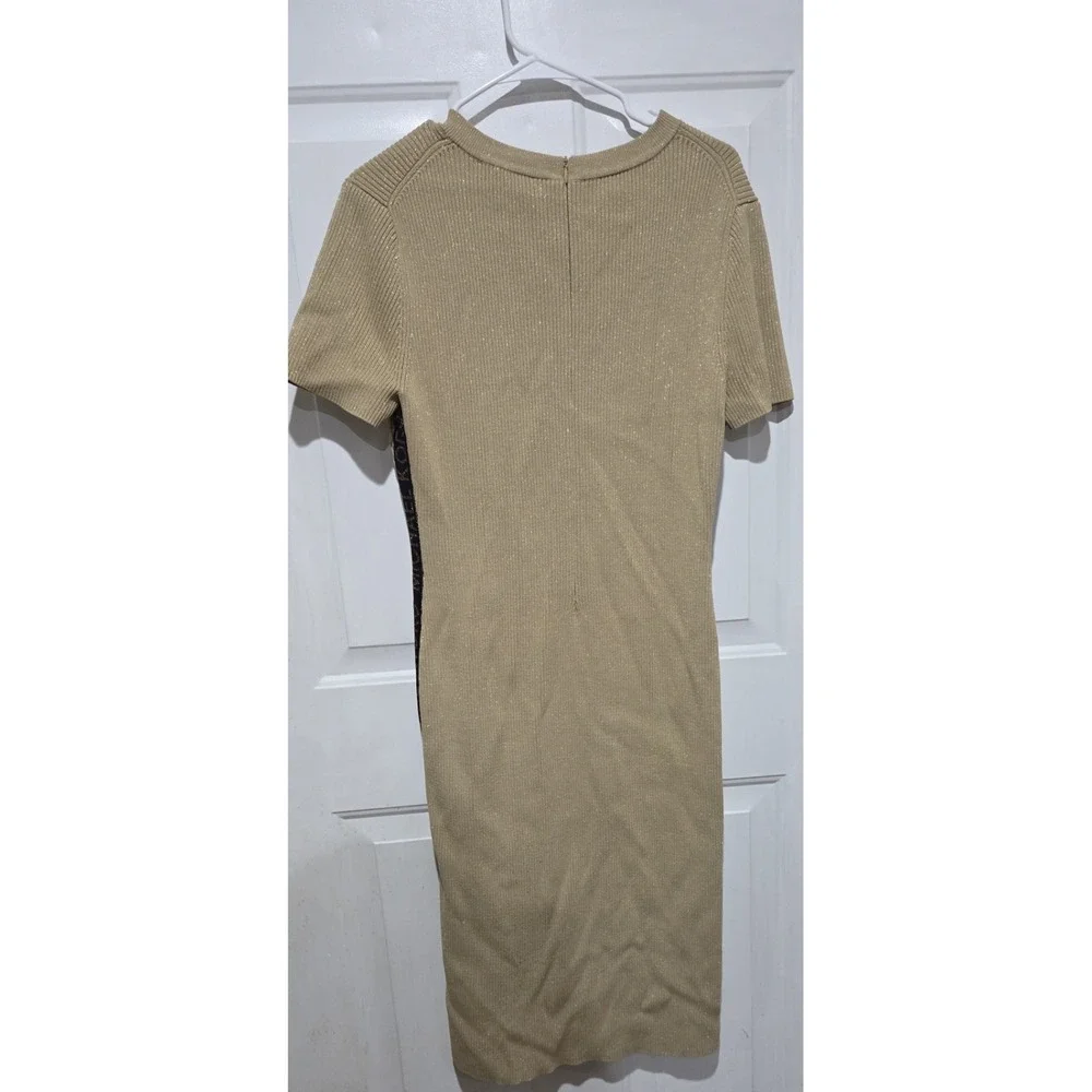 Michael Kors Logo Black Tape Metallic Ribbed Gold Short Sleeve Dress Women XL